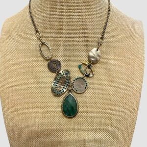 The Bohm Necklace Green Stone Pendant Gold Tone Mixed Metal Boho Statement 18”